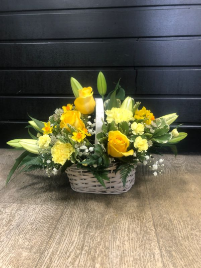 Basket SYM-347 - A basket arrangement made using yellow and white flowers.