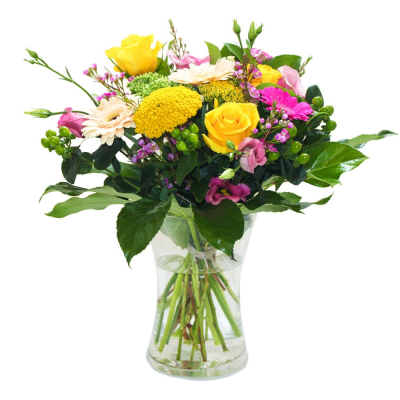 The Happy Vase - Happy Vase floral arrangement, made up of bright blooms and leaves.