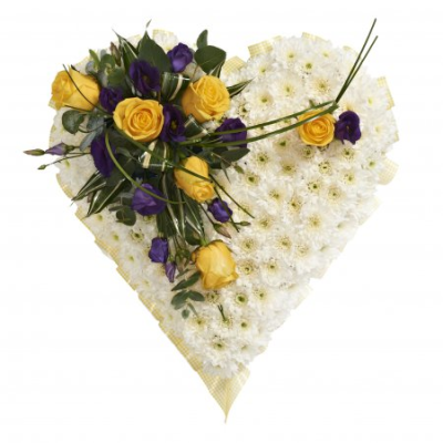 Heart SYM-324 - A white massed heart with yellow and purple spray, designed with love by our floristry team using the freshest flowers available.